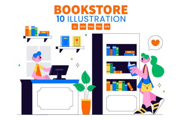 10 Bookstore and Library Illustration Assets
